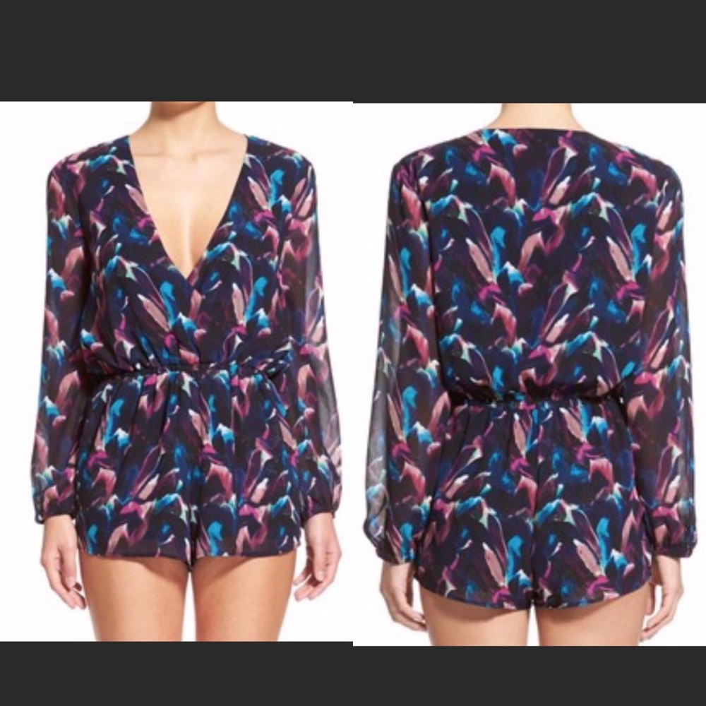 Lucca Watercolor Print Long Sleeve v neck romper